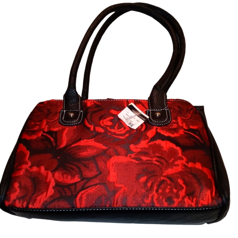 Wilsons leather black and red floral design handbag